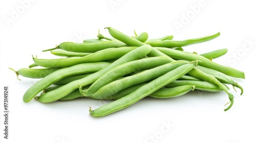 A pile of fresh green beans on a white background, ideal for cooking and healthy eating.