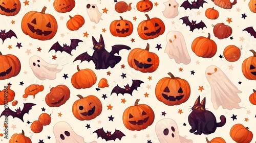 A pattern of glittery, neon-colored pumpkins and bats