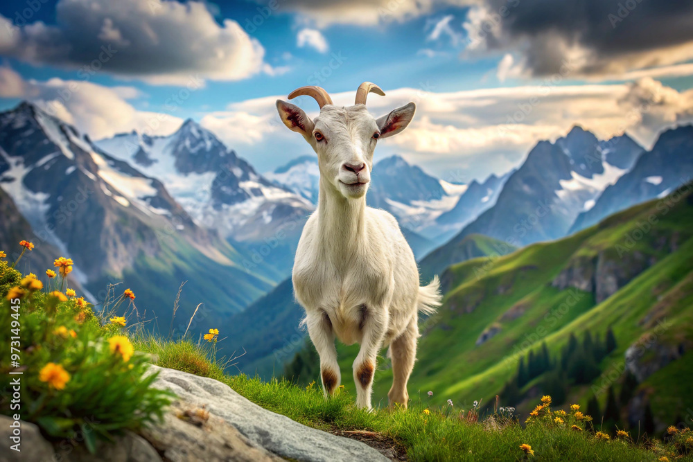 Obraz premium White Goat Standing on Mountainside with Snow-Capped Peaks in the Background