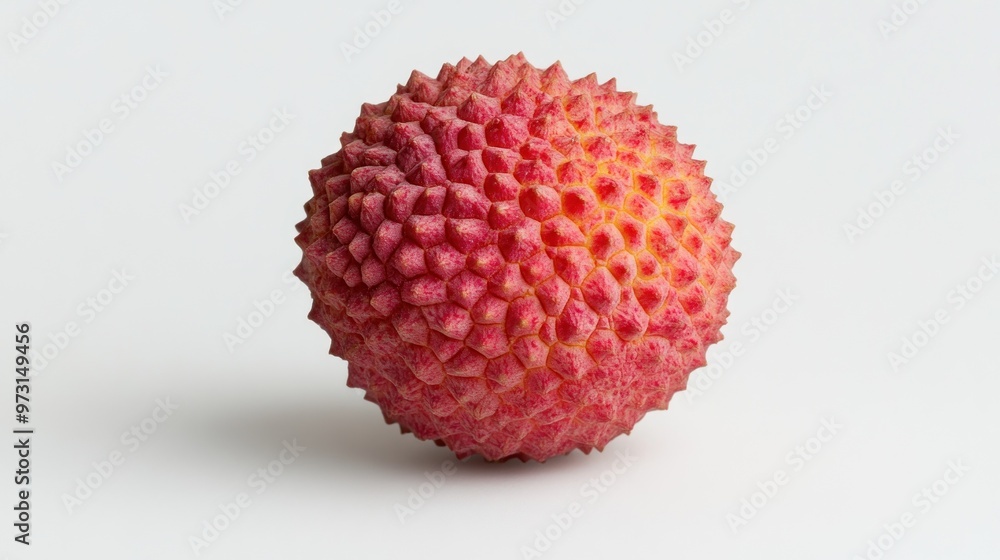 A single lychee fruit with a textured, pinkish-red skin on a white background. A single lychee fruit with a textured, pinkish-red skin on a white background.