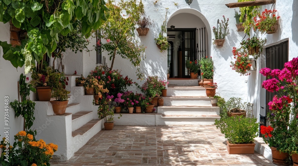A charming courtyard filled with colorful flowers and plants, inviting relaxation and beauty. A charming courtyard filled with colorful flowers and plants, inviting relaxation and beauty.