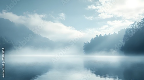 Misty Lakeside Forest Landscape with Serene Reflection in Tranquil Wilderness