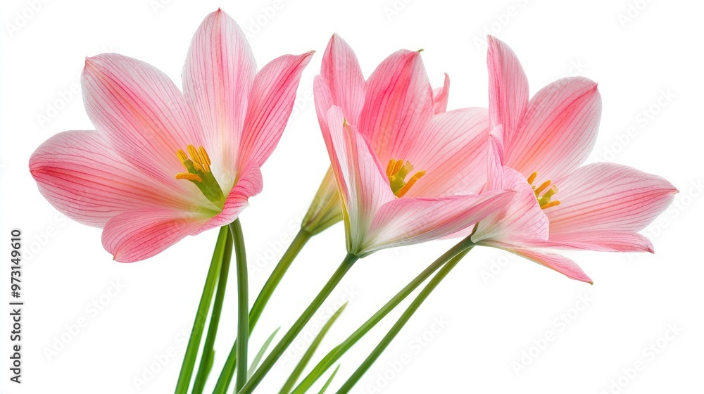 Naklejka premium Three delicate pink flowers with green stems against a white background.