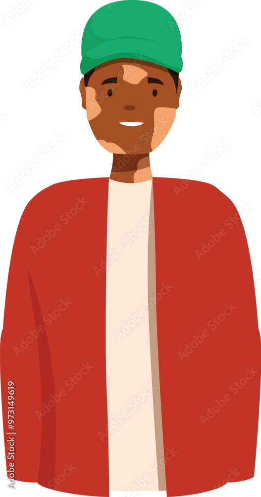 Young black man with vitiligo smiling wearing green cap and red jacket Young black man with vitiligo smiling wearing green cap and red jacket