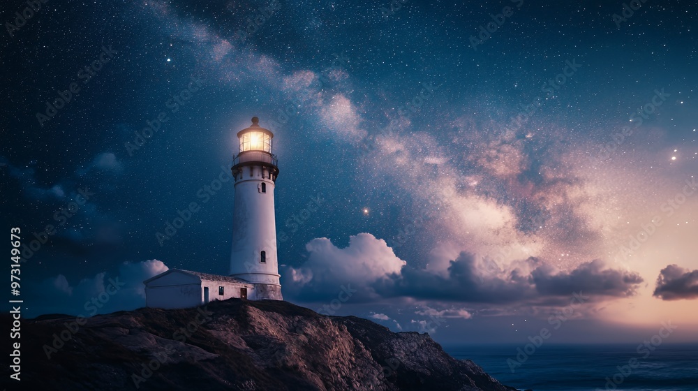 A white lighthouse stands tall on a rocky cliff against a dramatic starry sky. A white lighthouse stands tall on a rocky cliff against a dramatic starry sky.