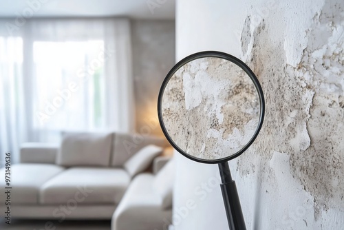 Mold under magnifying glass on walls of apartment, high humidity and its negative impact on health. Damage, respiratory issues, allergies, poor indoor air quality, and need for mold remediation.