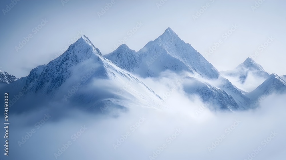Fototapeta premium Majestic Snowy Peaks Shrouded in Ethereal Mist Captivating Mountainous Landscape