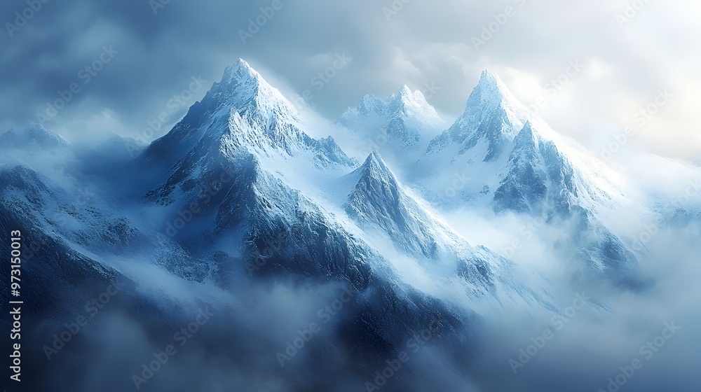Majestic Snowy Peaks Enshrouded in Ethereal Mist and Clouds Evoking a Sense of Awe and Tranquility Majestic Snowy Peaks Enshrouded in Ethereal Mist and Clouds Evoking a Sense of Awe and Tranquility