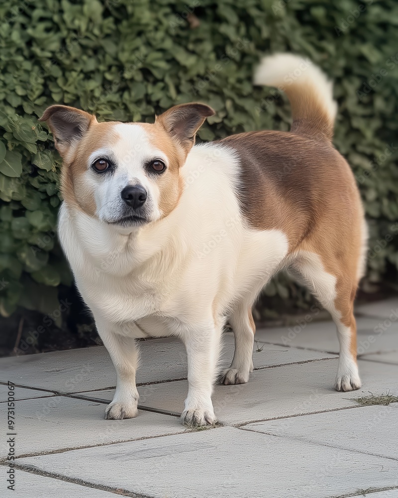 A white and brown Chihuahua mix stands attentively on a paved path, its eyes fixed ahead, framed by lush green plants. A white and brown Chihuahua mix stands attentively on a paved path, its eyes fixed ahead, framed by lush green plants.