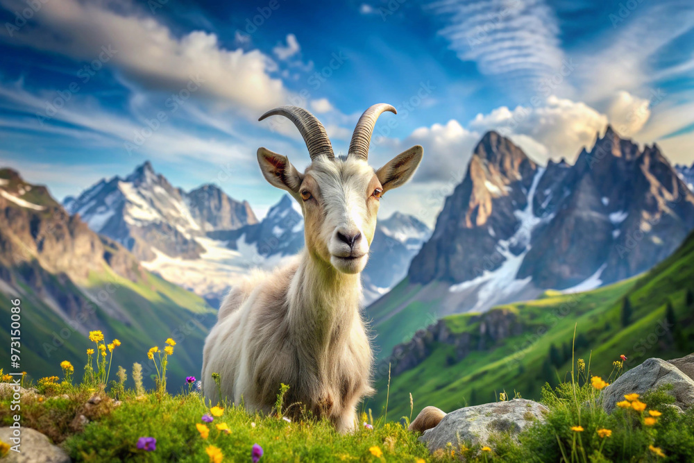 Fototapeta premium White Goat Posing in Mountainous Landscape