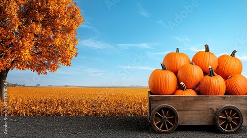 A vintage truck loaded with pumpkins in a fall field. photo