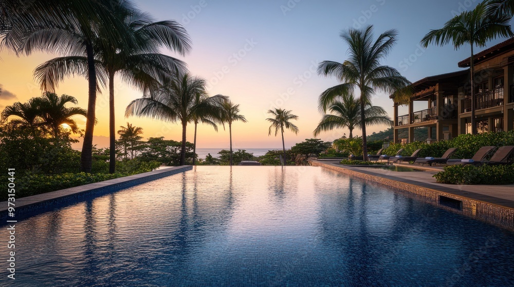 Serene sunset over a tranquil poolside landscape with palm trees and ocean view. Serene sunset over a tranquil poolside landscape with palm trees and ocean view.