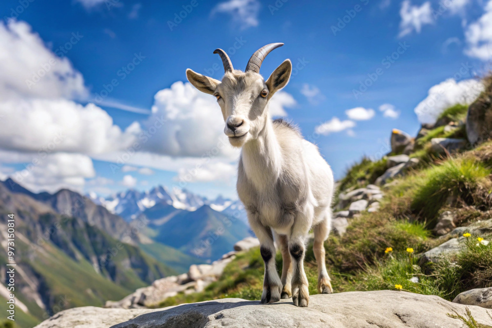 White Goat Standing on a Mountaintop with a Mountain Range in the Background White Goat Standing on a Mountaintop with a Mountain Range in the Background