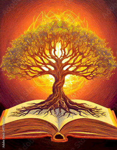 magical tree of life growing from an open book
