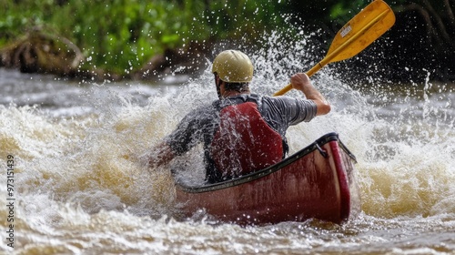 Adventurous Kayaker Paddling Through Whitewater Rapids