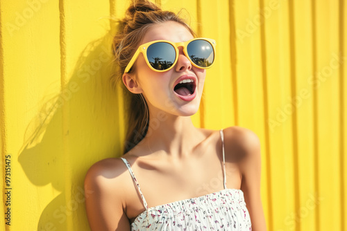 Stylish girl in straw hat and tank top, Ready for summer, shocked with surprise and amazed expression, fear and excited face