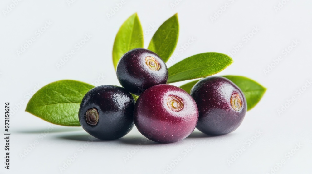 A cluster of dark berries with green leaves on a light background. A cluster of dark berries with green leaves on a light background.