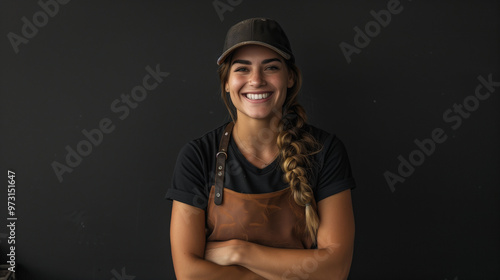 Portrait of a smiling woman, female BBQ expert with an apron, arms confidently crossed. He is wearing a casual black cap, exuding warmth and professionalism. Perfect for use in marketing campaigns.