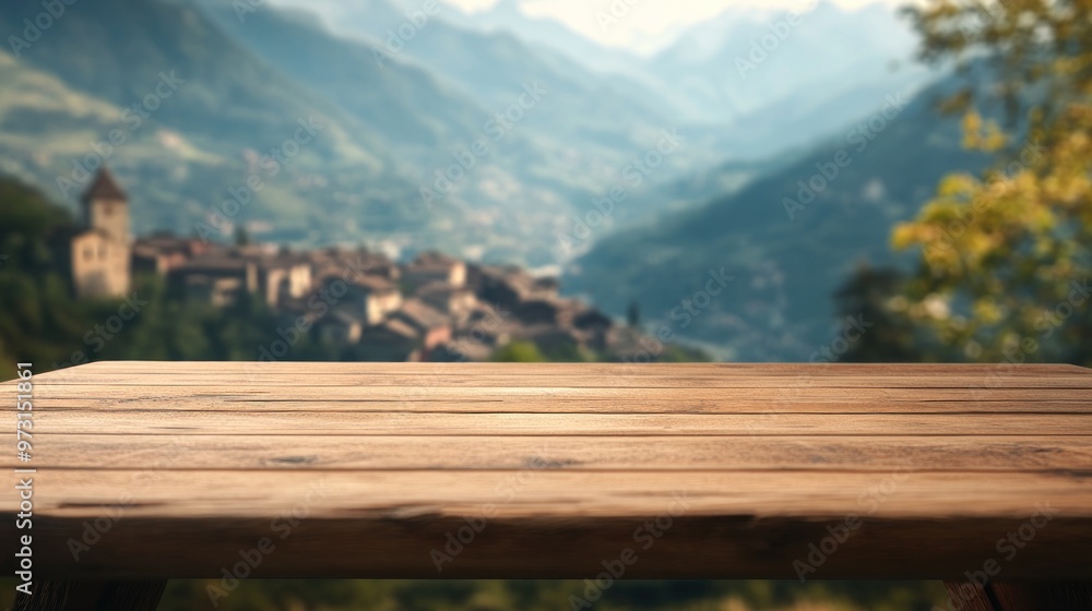 A wooden table in the foreground with a blurred scenic village landscape in the background. A wooden table in the foreground with a blurred scenic village landscape in the background.
