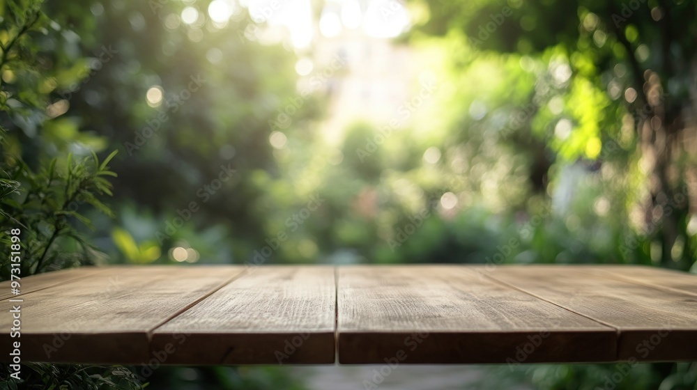 A wooden table in a lush, blurred garden setting, suggesting a serene outdoor space. A wooden table in a lush, blurred garden setting, suggesting a serene outdoor space.