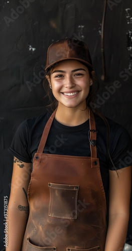 Portrait of a smiling woman, female BBQ expert with an apron, arms confidently crossed. He is wearing a casual black cap, exuding warmth and professionalism. Perfect for use in marketing campaigns.