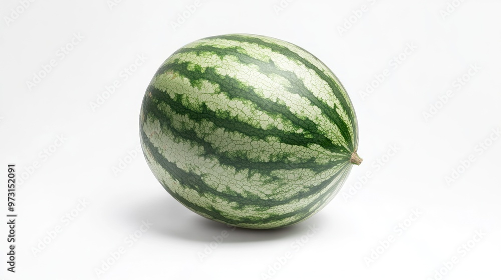 A whole watermelon with a striped green rind on a white background. A whole watermelon with a striped green rind on a white background.