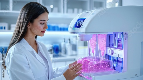 A female scientist working in a laboratory, using a machine for analysis and research.