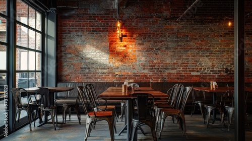 Cozy restaurant interior with exposed brick walls and metal furniture.
