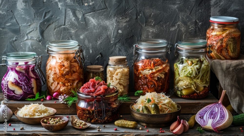 A selection of home-fermented vegetables in jars, featuring sauerkraut, kimchi and pickles on a rustic wooden table. A selection of home-fermented vegetables in jars, featuring sauerkraut, kimchi and pickles on a rustic wooden table.