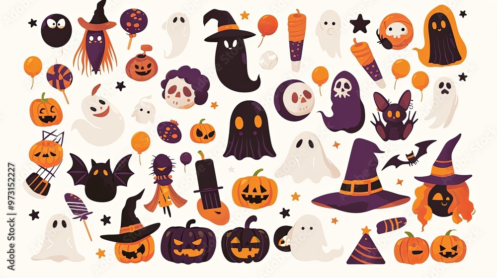 Fototapeta premium Vector flat color cute Halloween clipart set
