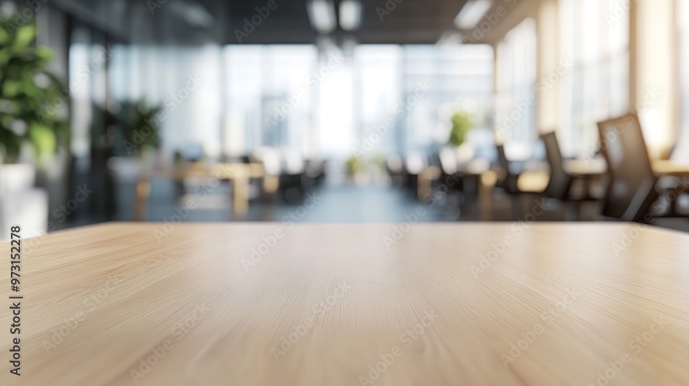 Modern office interior with a wooden table in focus, showcasing a professional environment. Modern office interior with a wooden table in focus, showcasing a professional environment.