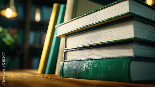 Stack of green hardback books on a wooden table with a bookshelf in the background.