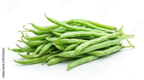 A pile of fresh green beans on a white background, ideal for cooking and healthy meals.