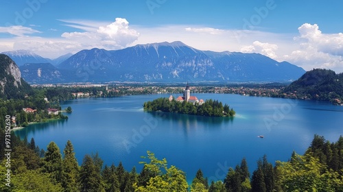 Breathtaking View of Lake Bled and Surrounding Mountains