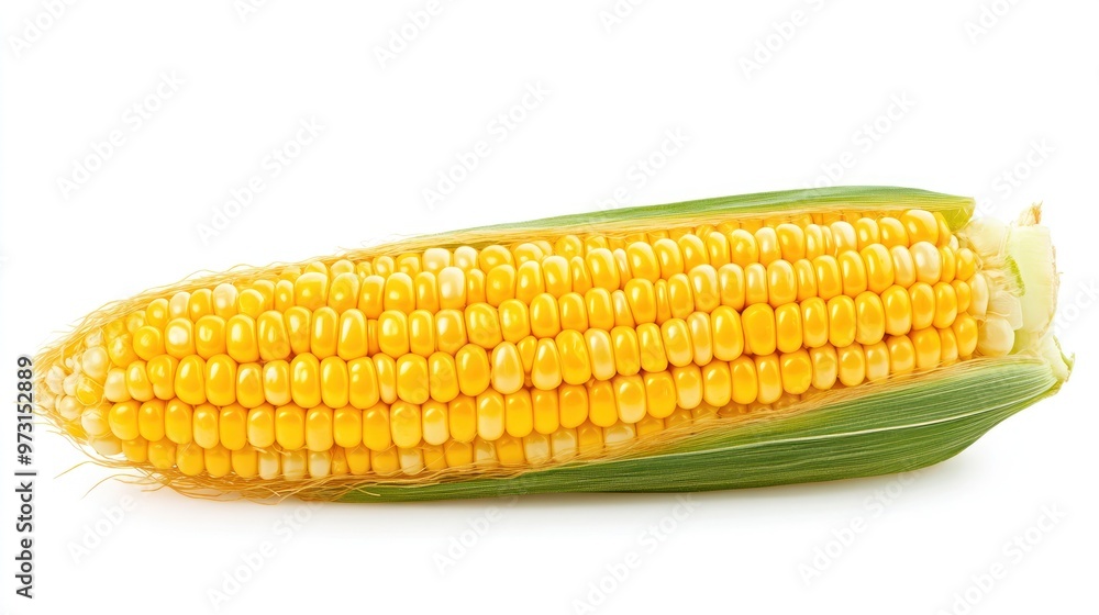 A fresh ear of corn with yellow kernels and green husk. A fresh ear of corn with yellow kernels and green husk.