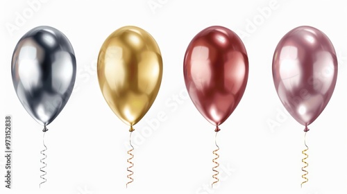 Shiny metallic balloons in silver, gold, red, and pink floating against a plain white background for celebration decor photo