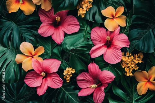 Tropical Flowers and Lush Green Leaves