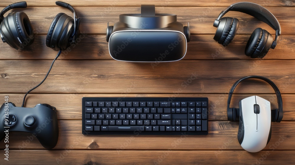 Modern Gaming Setup with Headphones and VR Modern Gaming Setup with Headphones and VR
