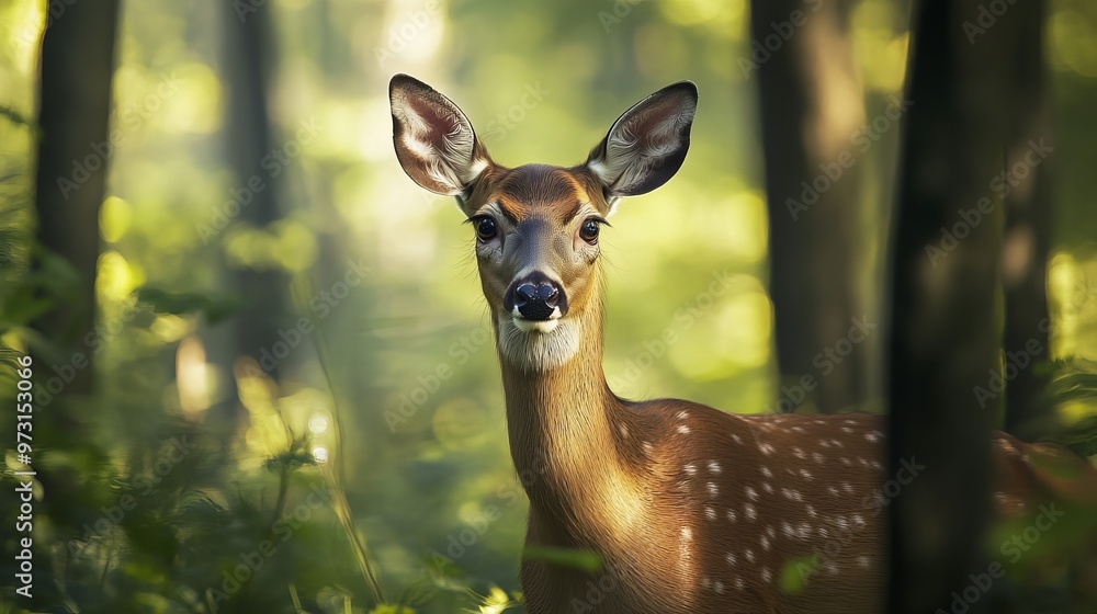 A deer strolls through a forest filled with towering trees. The graceful creature lifts its head, its brown eyes gazing curiously at the camera. A deer strolls through a forest filled with towering trees. The graceful creature lifts its head, its brown eyes gazing curiously at the camera.