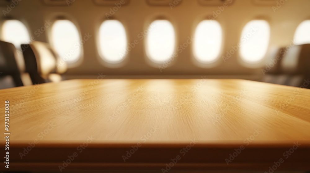 A wooden table in an airplane cabin with soft lighting and windows in the background. A wooden table in an airplane cabin with soft lighting and windows in the background.