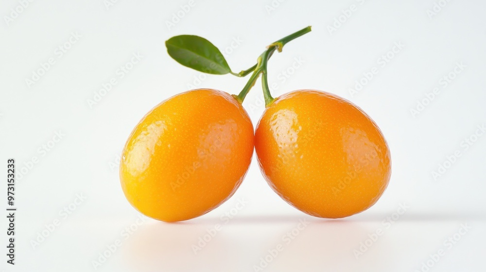 Two bright orange kumquats with green leaves on a white background. Two bright orange kumquats with green leaves on a white background.