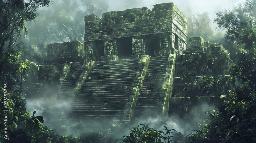 Fototapeta premium CartMystical printable mural of an ancient mayan temple shrouded in mist perfect for embellishing the wall of a historical museum transporting visitors to a bygone era. Mayan Temple. Illustration