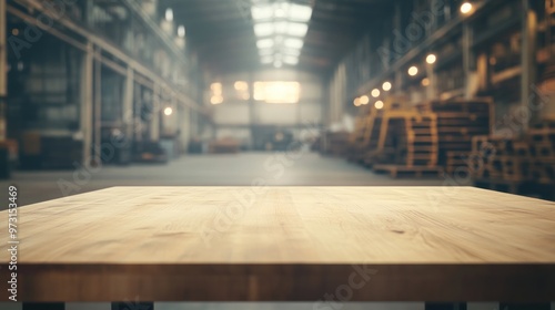 A wooden table in a spacious industrial warehouse setting.