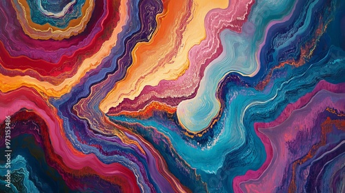 A colorful painting like a topographic map, with swirls of red and blue. photo