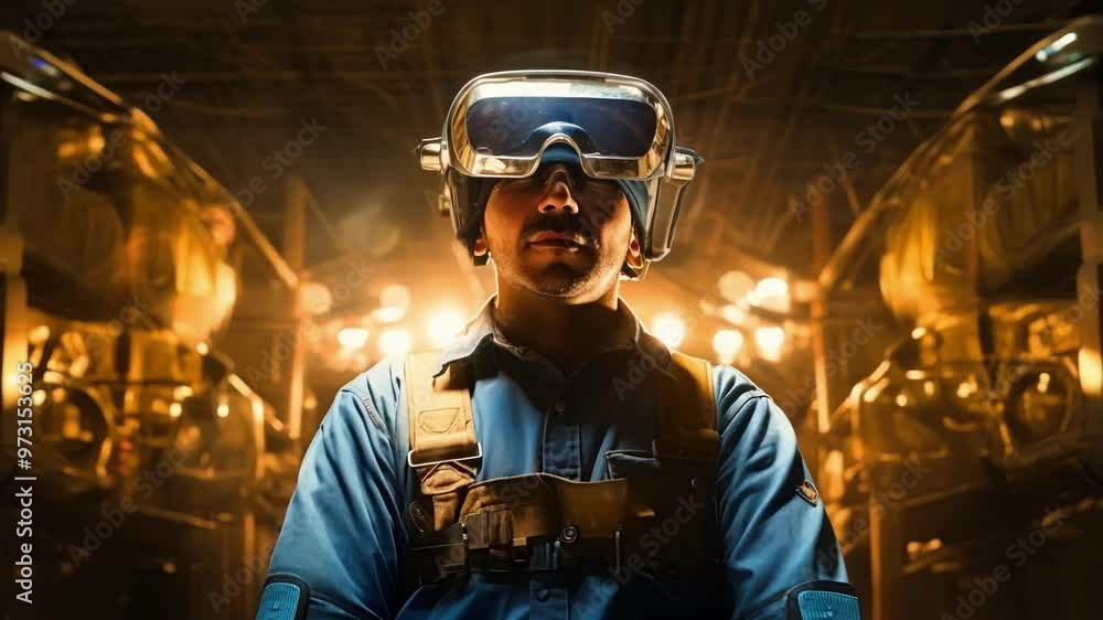 Industrial worker wearing safety glasses and workwear stands confidently in a heavy machinery environment, representing safety and industry Industrial worker wearing safety glasses and workwear stands confidently in a heavy machinery environment, representing safety and industry