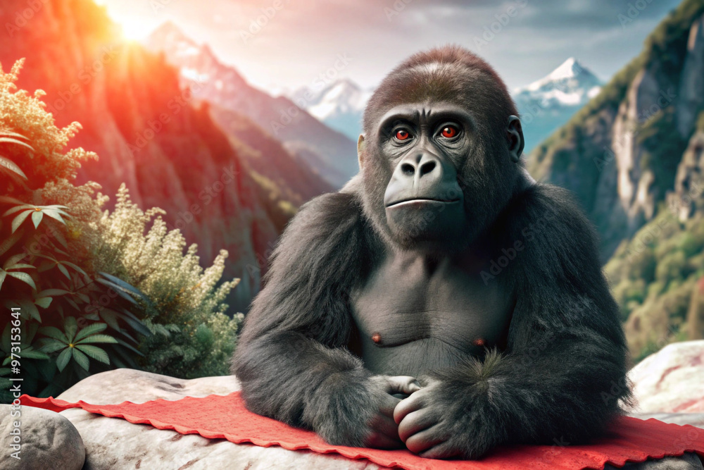 A Powerful Gorilla Sitting on a Rock With a Mountainous Backdrop A Powerful Gorilla Sitting on a Rock With a Mountainous Backdrop