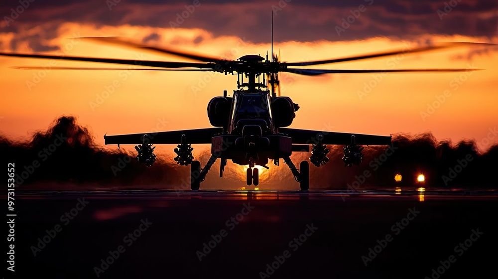 Military Apache helicopter on tarmac at sunset. Military Apache helicopter on tarmac at sunset.