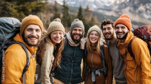 Joyful Group of Friends Hiking in the Mountains