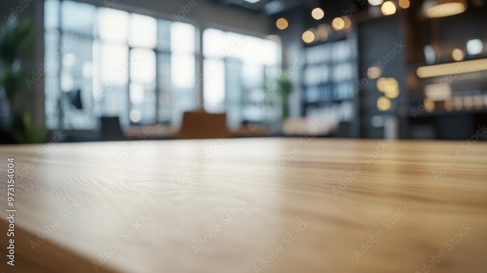A close-up of a wooden table in a modern office setting with soft lighting. A close-up of a wooden table in a modern office setting with soft lighting.