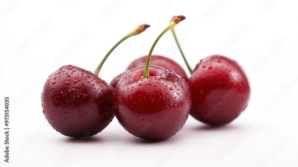 Fresh red cherries with droplets on a white background. Fresh red cherries with droplets on a white background.